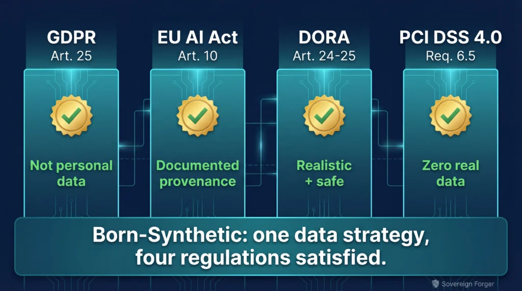 Four regulatory pillars — GDPR, EU AI Act, DORA, PCI DSS 4.0 — all satisfied by born-synthetic data with one strategy