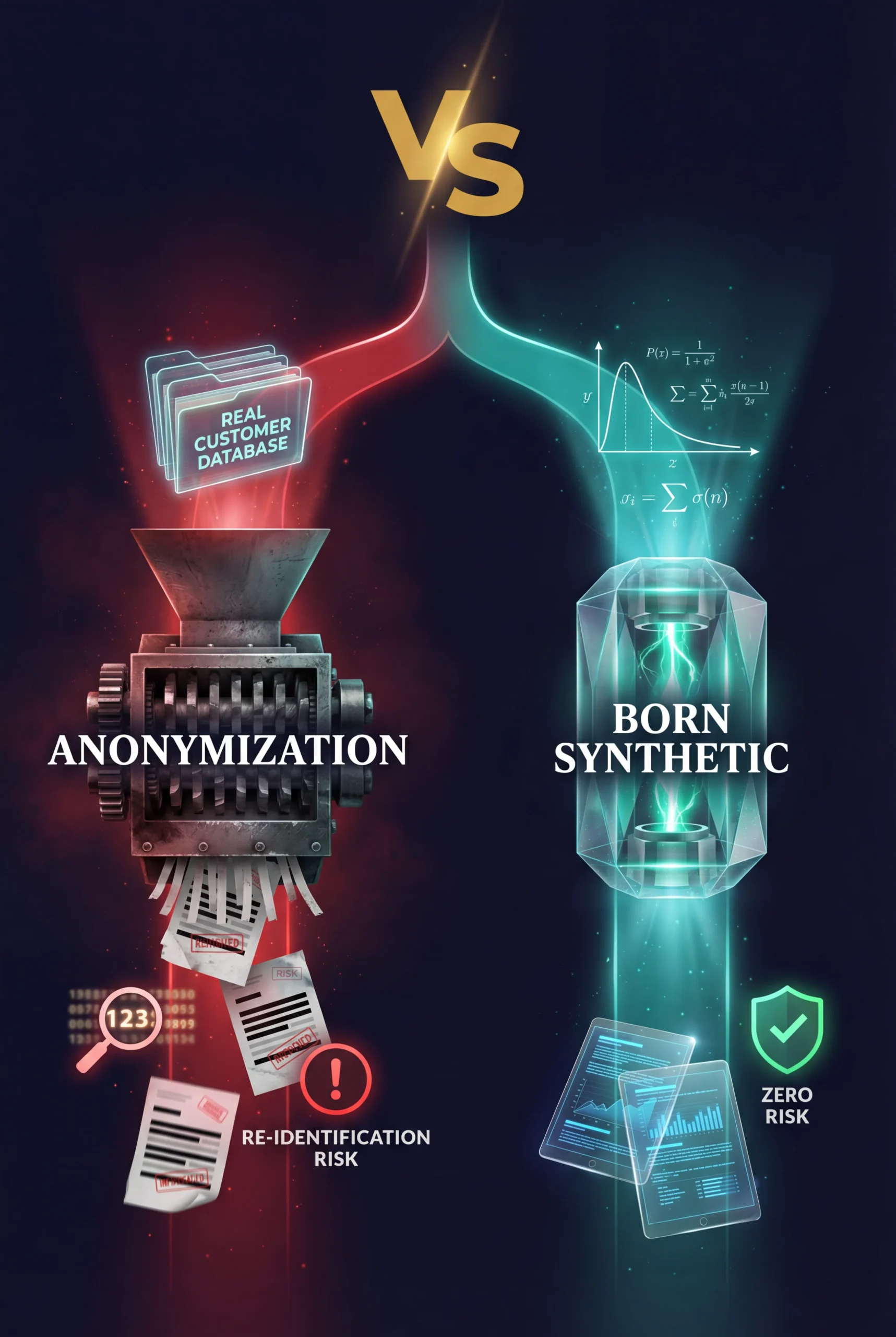Two diverging paths — anonymization starts from real data with re-identification risk, born-synthetic starts from mathematics with zero privacy risk
